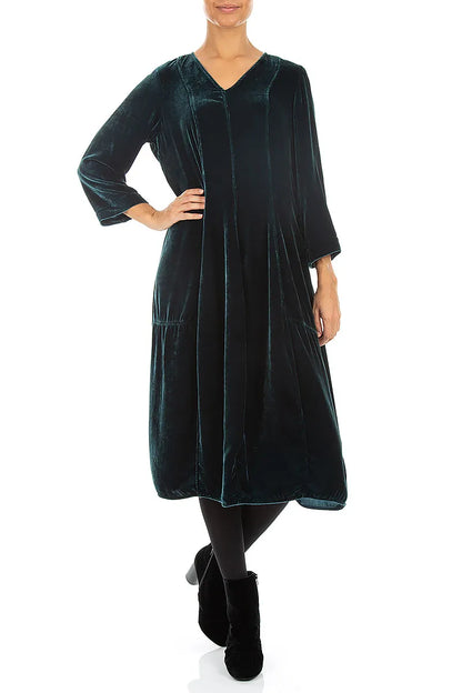 V-Neck Deep Turquoise Silk Velvet Dress