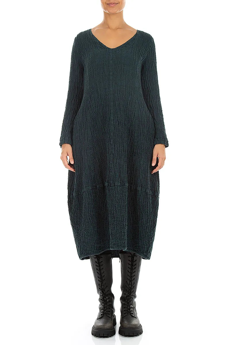 Leinenkleid mit V-Ausschnitt und Struktur in Dunkeltürkis