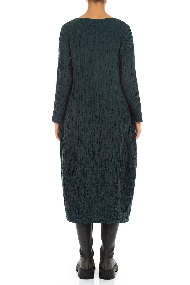 Leinenkleid mit V-Ausschnitt und Struktur in Dunkeltürkis