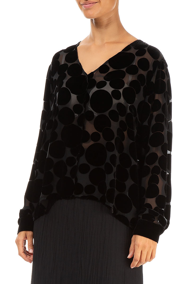 V-Neck Devoré Bubbles Black Silk Velvet Blouse 3