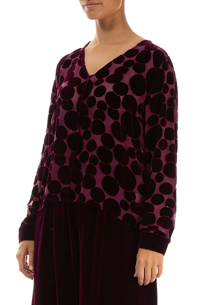 V-Neck Devoré Bubbles Magenta Silk Velvet Blouse 3