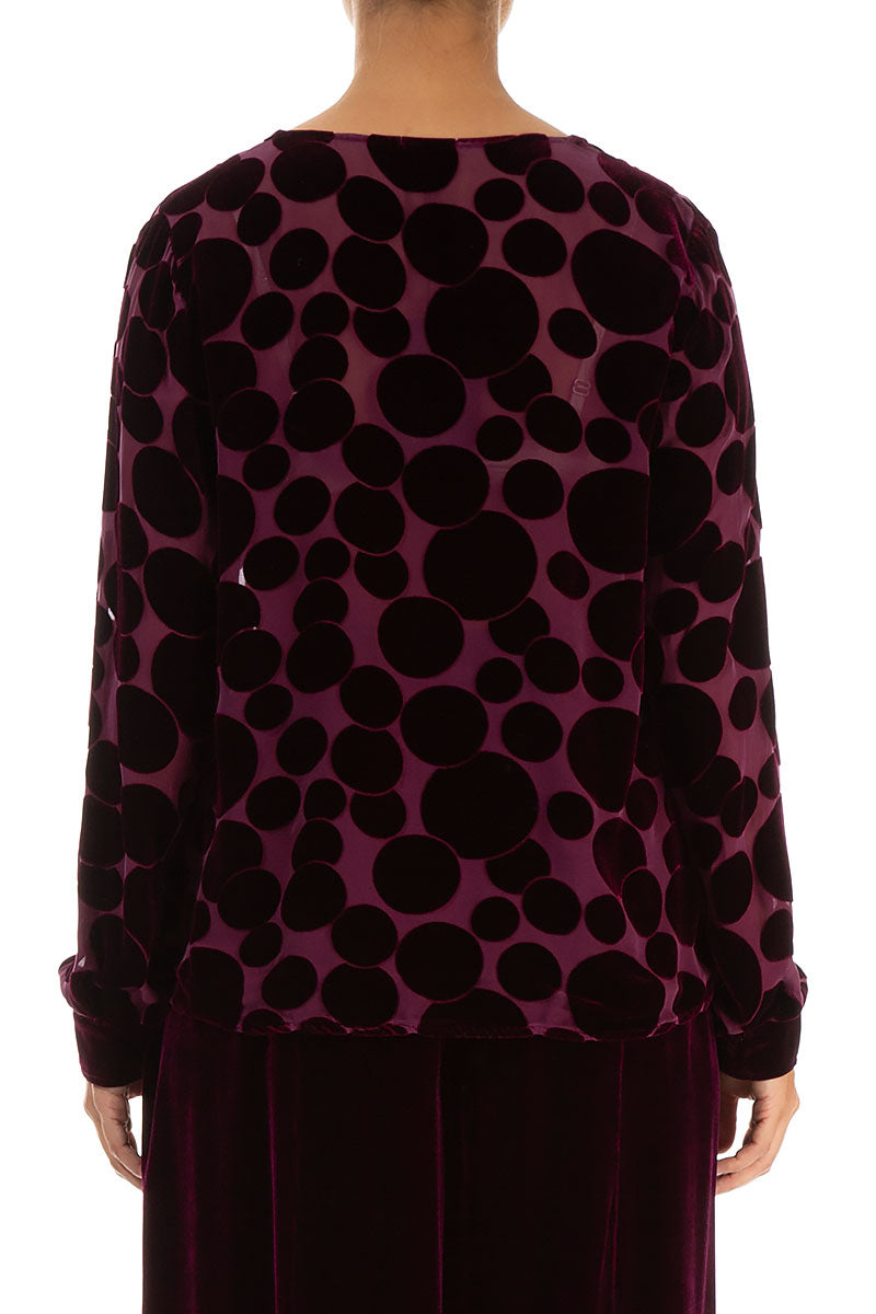 V-Neck Devoré Bubbles Magenta Silk Velvet Blouse 2