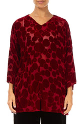 V-Neck Devoré Bubbles Red Silk Velvet Blouse 1