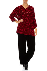 V-Neck Devoré Bubbles Red Silk Velvet Blouse 4