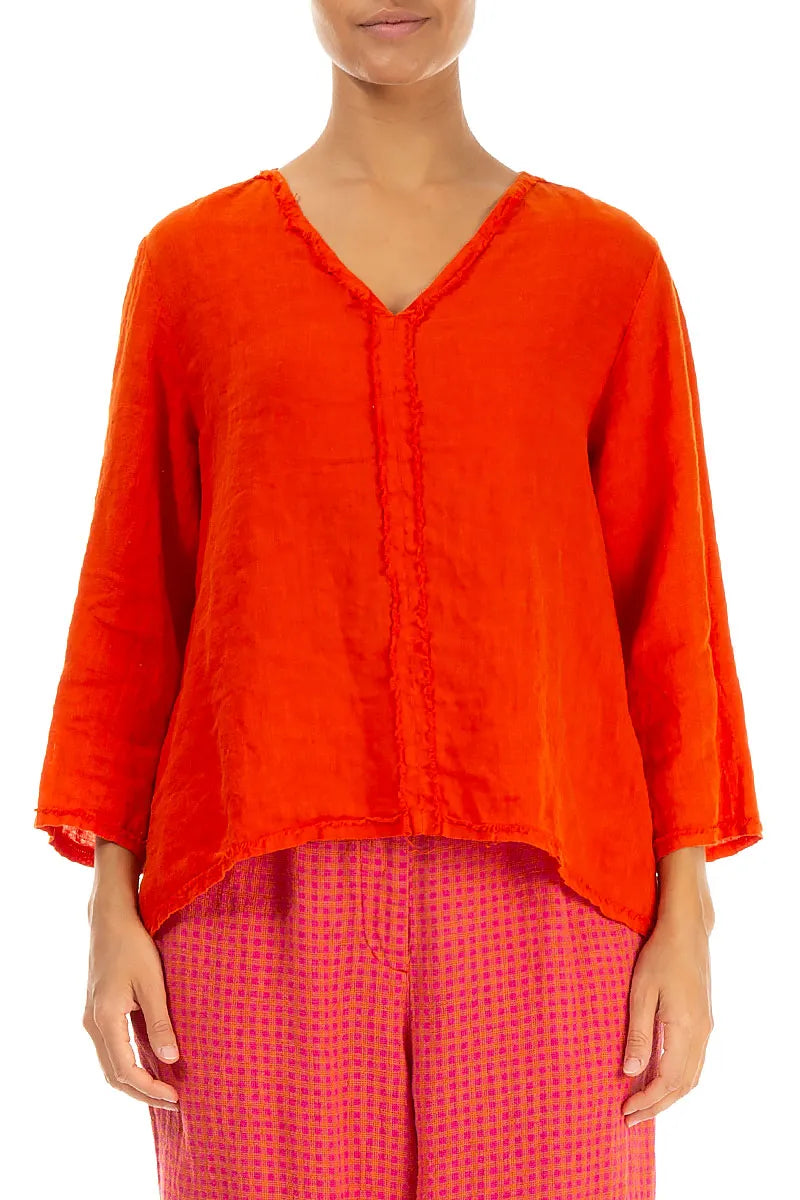 V-Neck Flame Orange Linen Blouse 2
