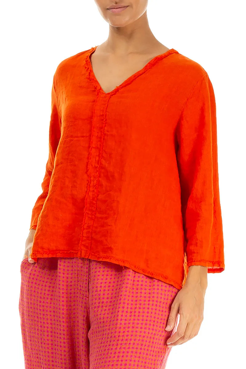 V-Neck Flame Orange Linen Blouse 4