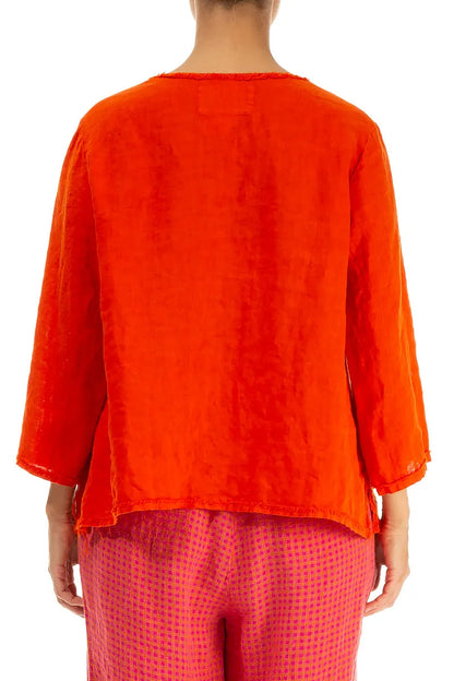 V-Neck Flame Orange Linen Blouse 3