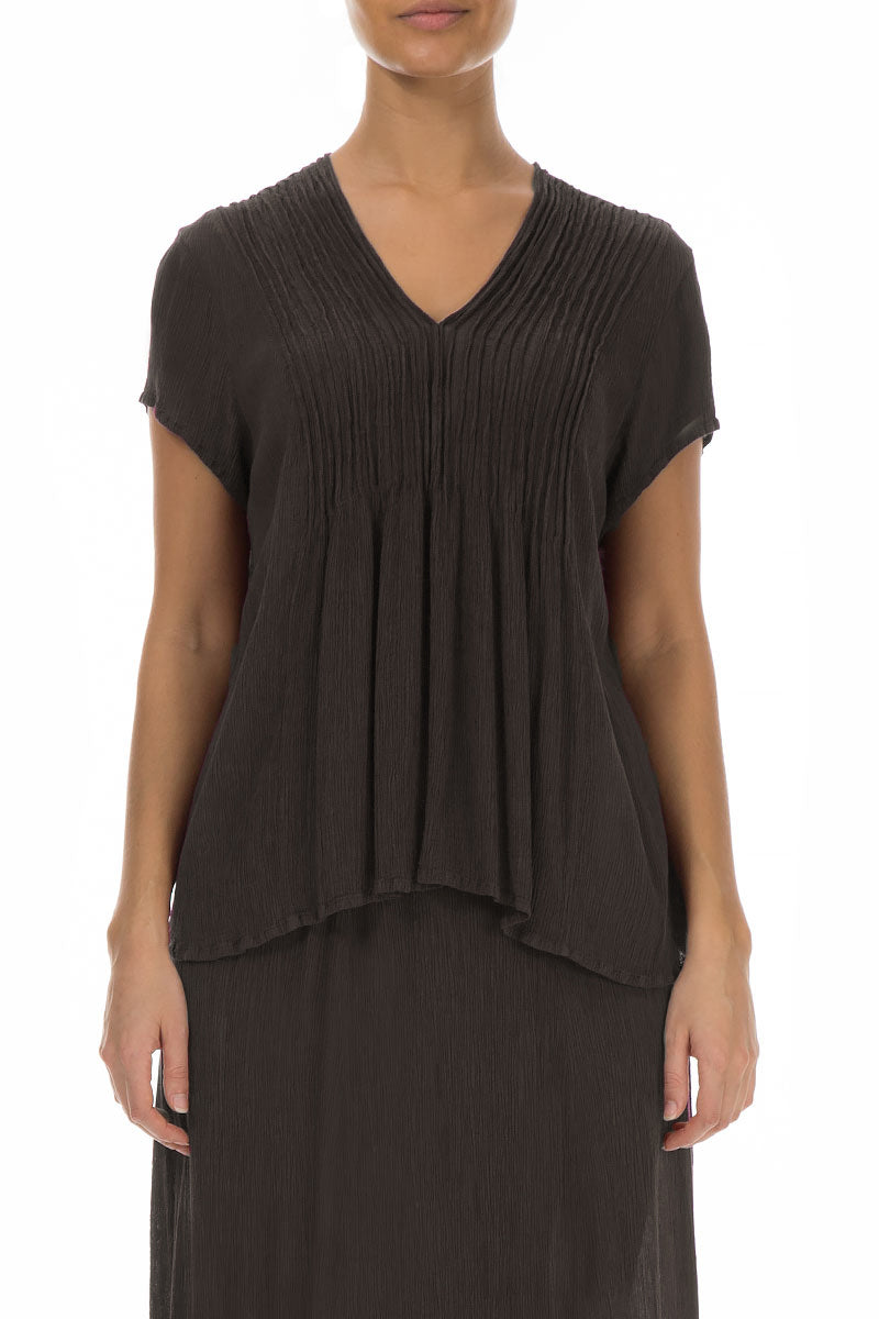 V-Neck Forest Brown Silk Viscose Blouse