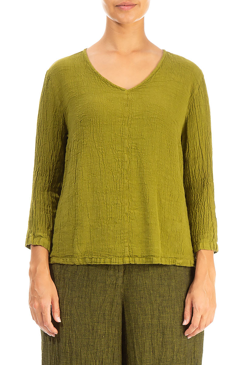 V-Neck Golden Lime Linen Viscose Blouse 1