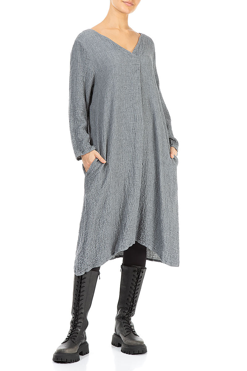 V-Neck Grey Wool Dress 4
