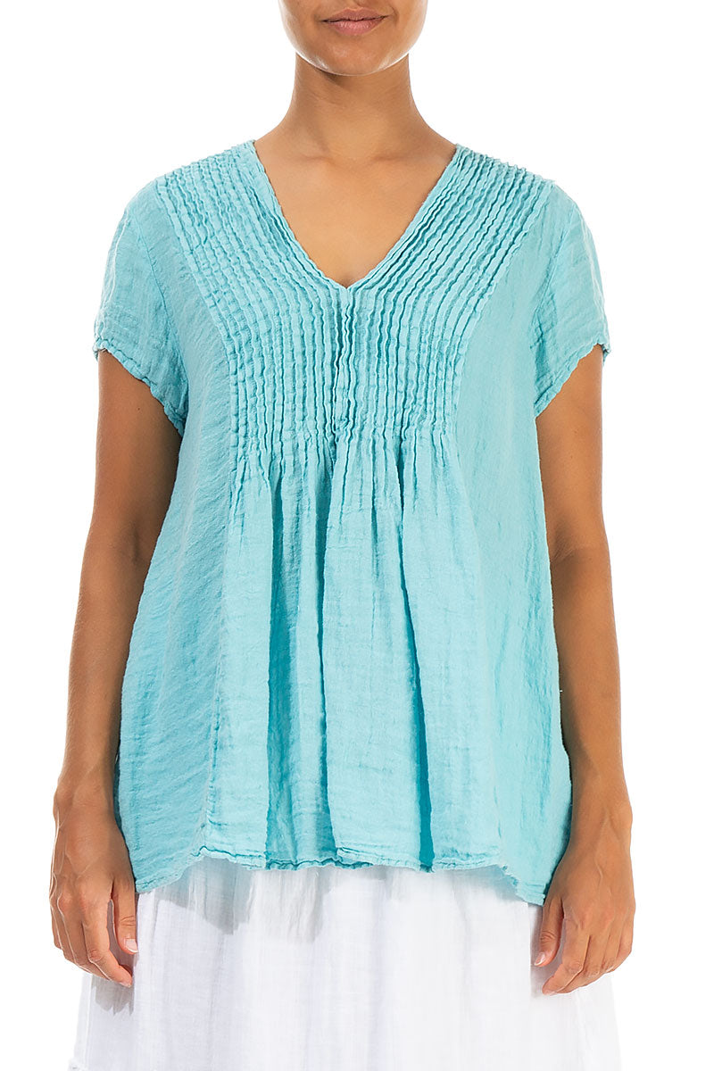 V-Neck Ice Blue Crêpe Linen Blouse 1