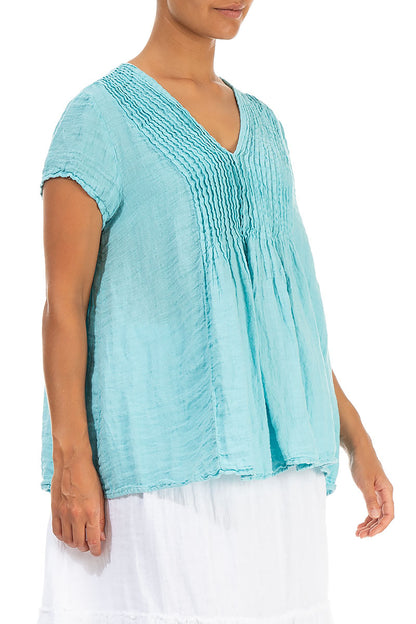 V-Neck Ice Blue Linen Blouse 3