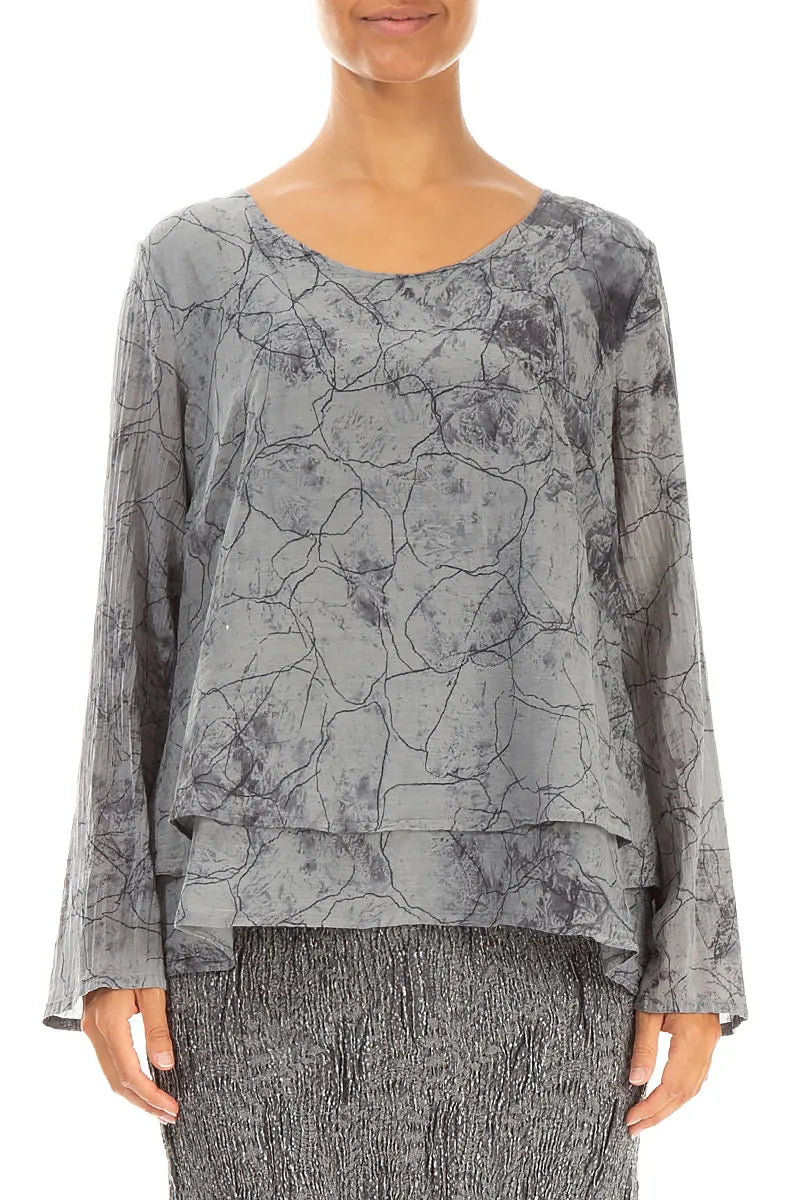 V-Neck Layered Silver Marble Silk Cotton Blouse