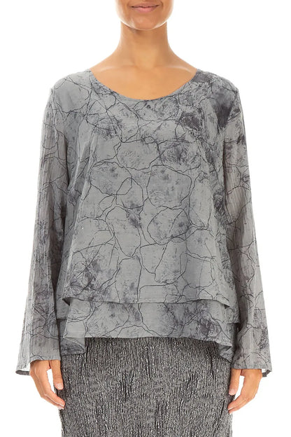 V-Neck Layered Silver Marble Silk Cotton Blouse