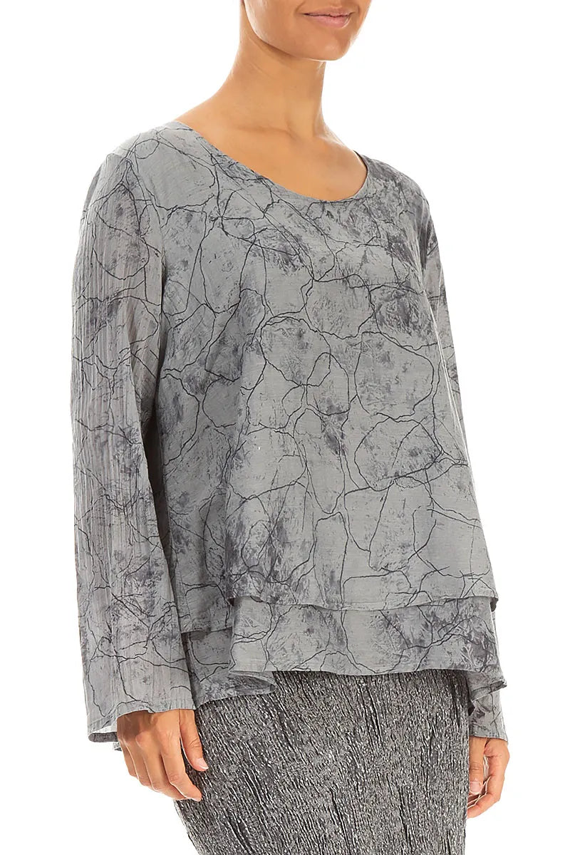 V-Neck Layered Silver Marble Silk Cotton Blouse