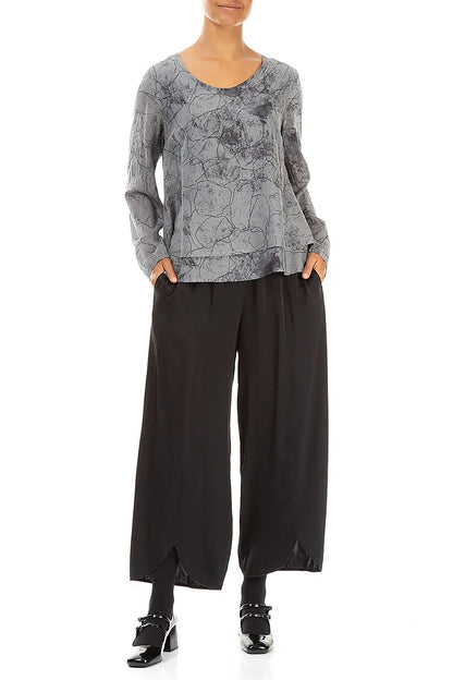 Bluse aus Seide und Baumwolle mit V-Ausschnitt und silbernem Marmormuster