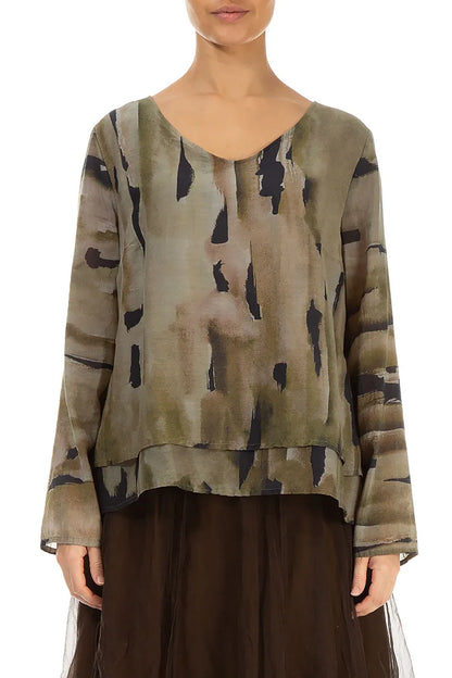 Bluse aus Seidenbaumwolle mit V-Ausschnitt und Terra