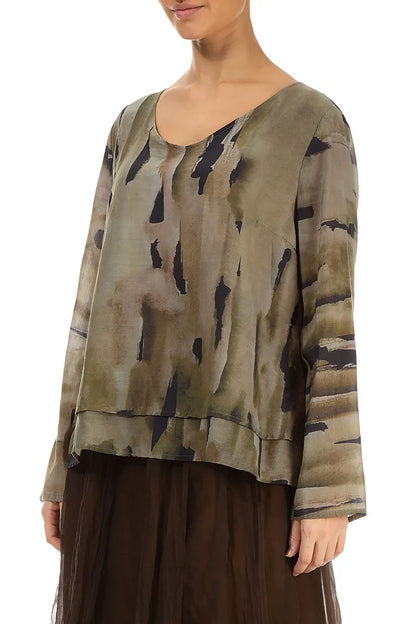 Bluse aus Seidenbaumwolle mit V-Ausschnitt und Terra