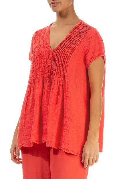 V-Neck Living Coral Linen Blouse 3
