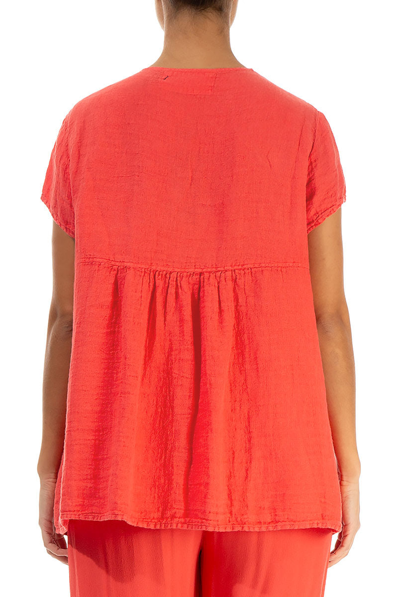 V-Neck Living Coral Crêpe Linen Blouse 2
