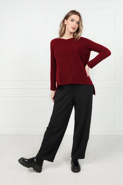 Longer Back V-Neck Maroon Wool Sweater 1