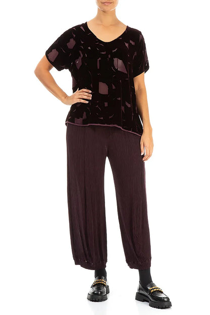 Chemisier en velours de soie bordeaux à motif et col en V