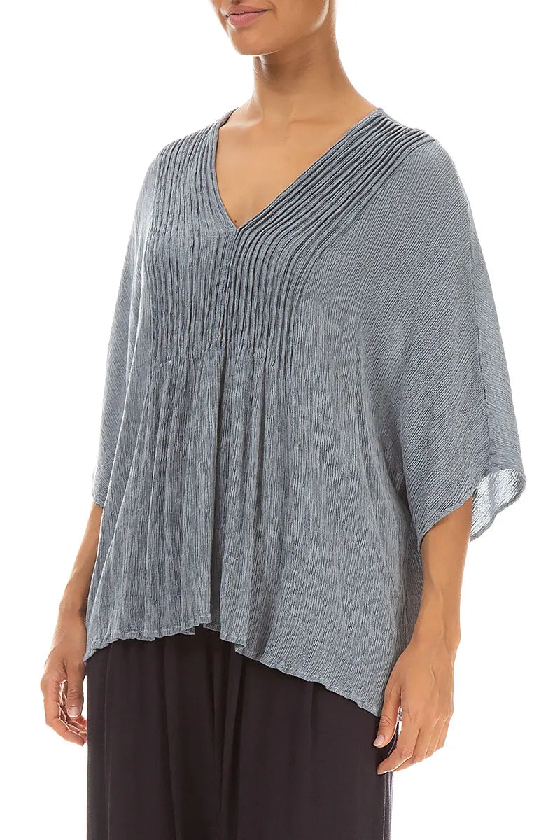 V-Neck Pin Tucks Silver Grey Silk Viscose Blouse 3