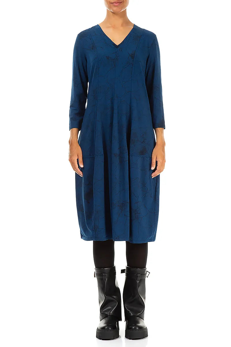 V-Neck Royal Blue Marble Cotton Dress 1