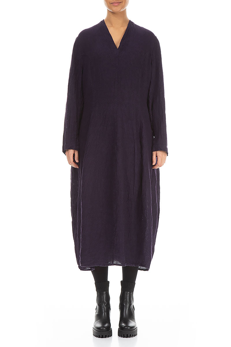 V-Neck Royal Purple Mélange Linen Dress