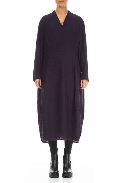 V-Neck Royal Purple Mélange Linen Dress