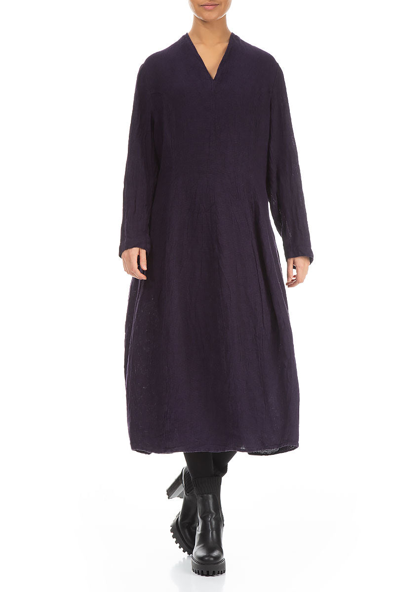 V-Neck Royal Purple Mélange Linen Dress