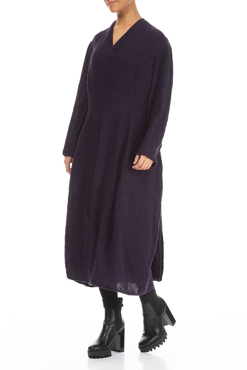 V-Neck Royal Purple Mélange Linen Dress