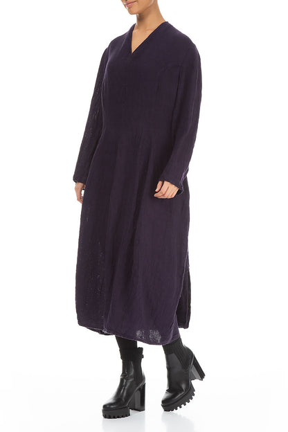 V-Neck Royal Purple Mélange Linen Dress