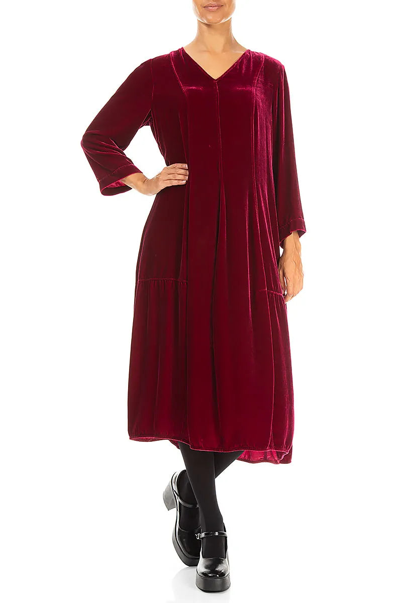 V-Neck Ruby Silk Velvet Dress 4