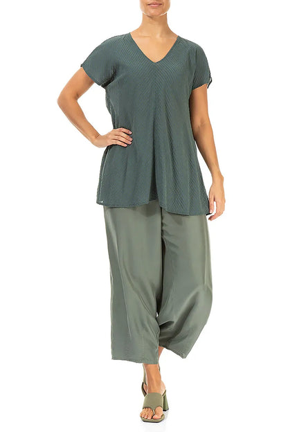 V-Neck Sage Stripy Silk Viscose Blouse