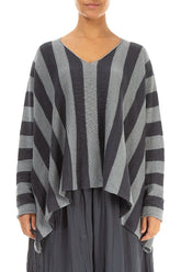 V-Neck Striped Light Grey Linen Jumper 2