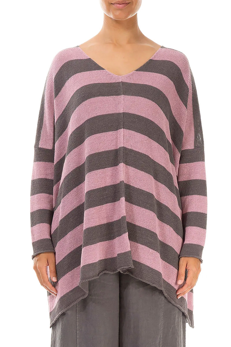 V-Neck Striped Mauve Pink Linen Jumper 1