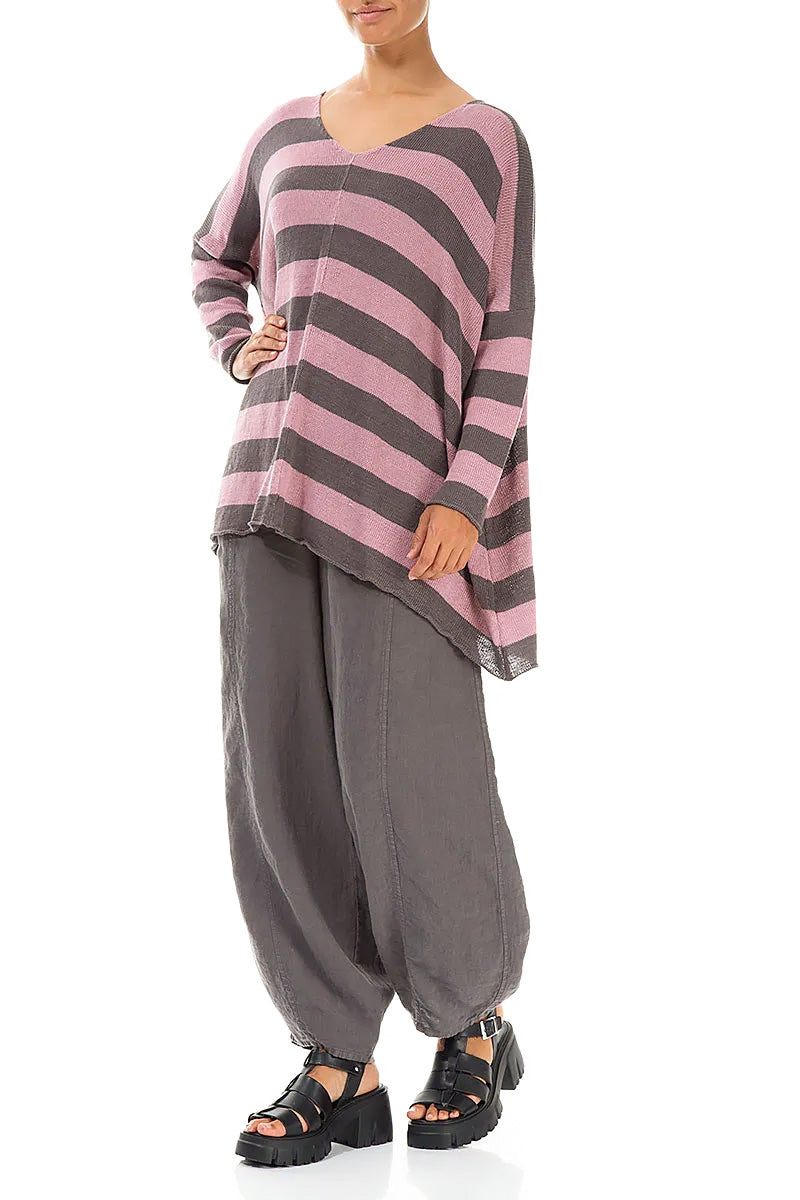 V-Neck Striped Mauve Pink Linen Jumper 4