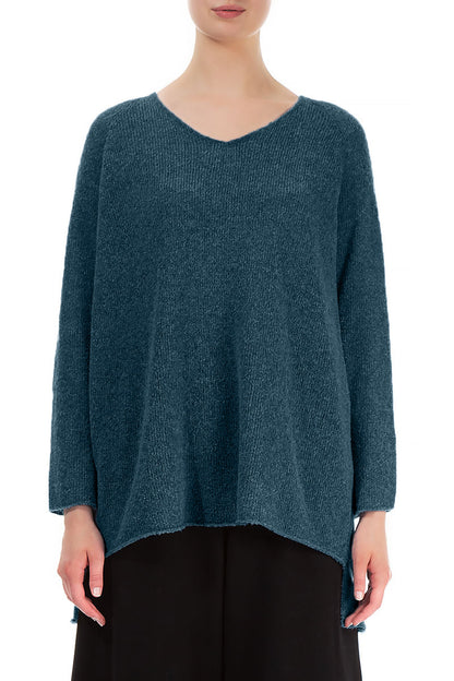 Longer Back V-Neck Teal Wool Sweater