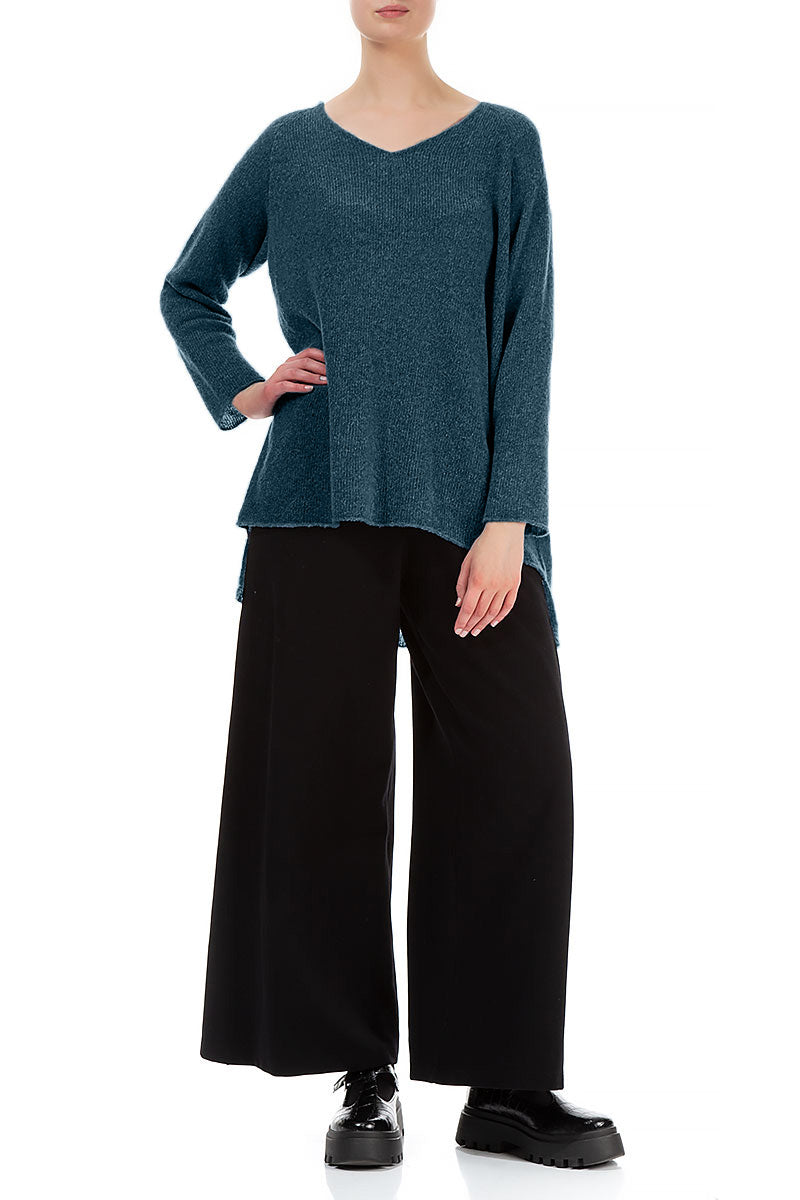Longer Back V-Neck Teal Wool Sweater