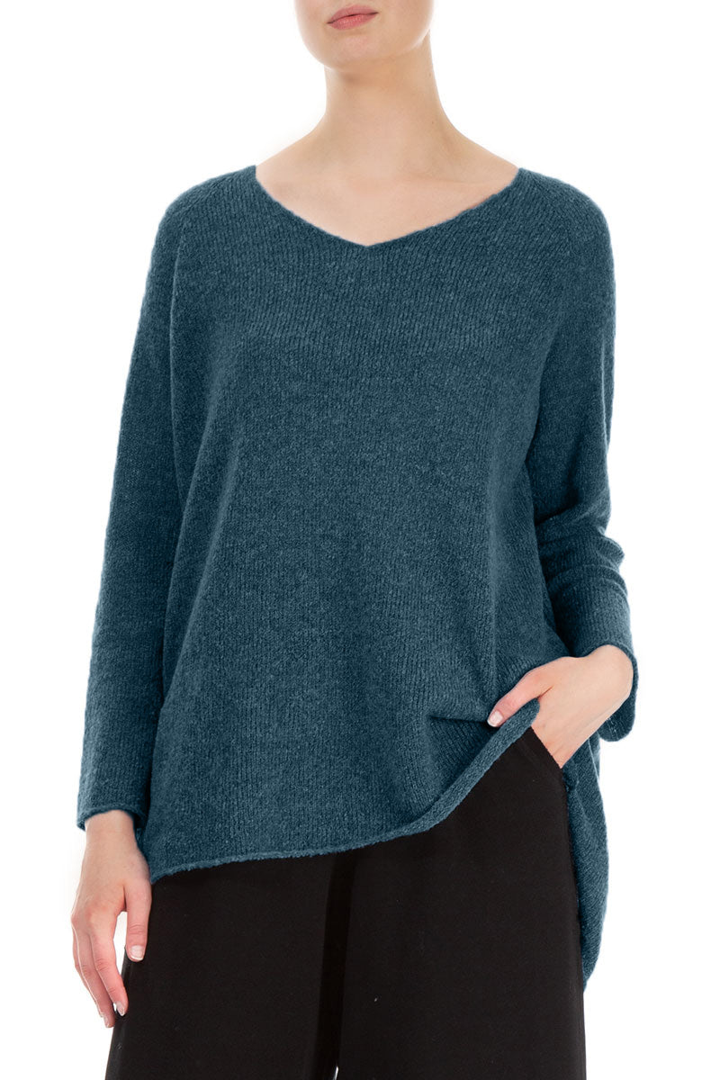 Longer Back V-Neck Teal Wool Sweater