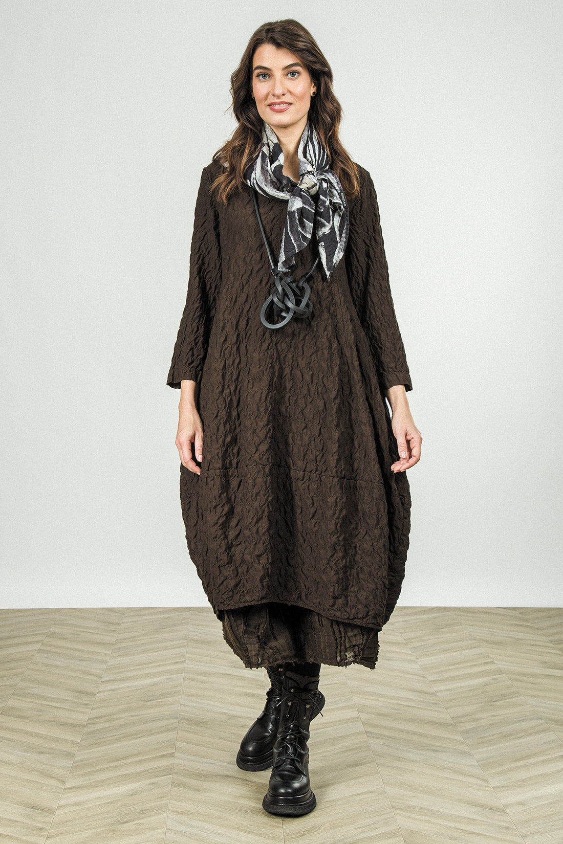 V-Neck Truffle Brown Pleated Silk Bamboo Dress 1