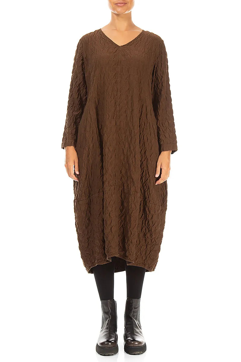 V-Neck Truffle Brown Pleated Silk Bamboo Dress 1
