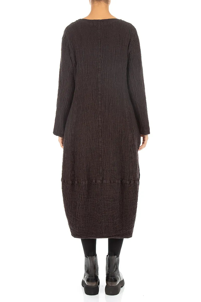 Leinenkleid mit V-Ausschnitt und Struktur in Trüffelbraun