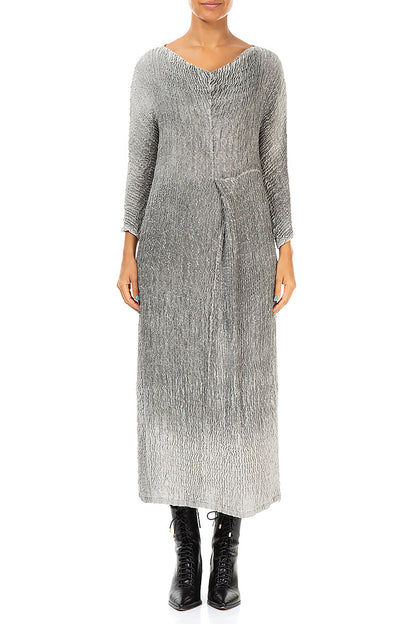 V-Neck Washed Out Crinkled Grey Silk Dress 1