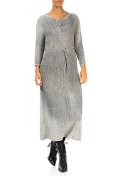 V-Neck Washed Out Crinkled Grey Silk Dress 3
