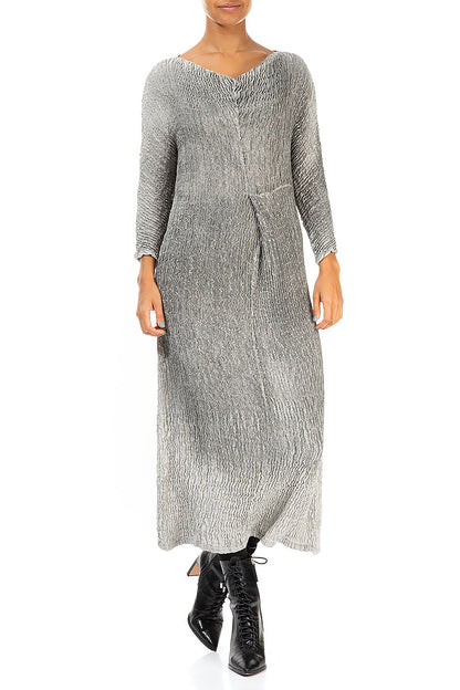 V-Neck Washed Out Crinkled Grey Silk Dress 3