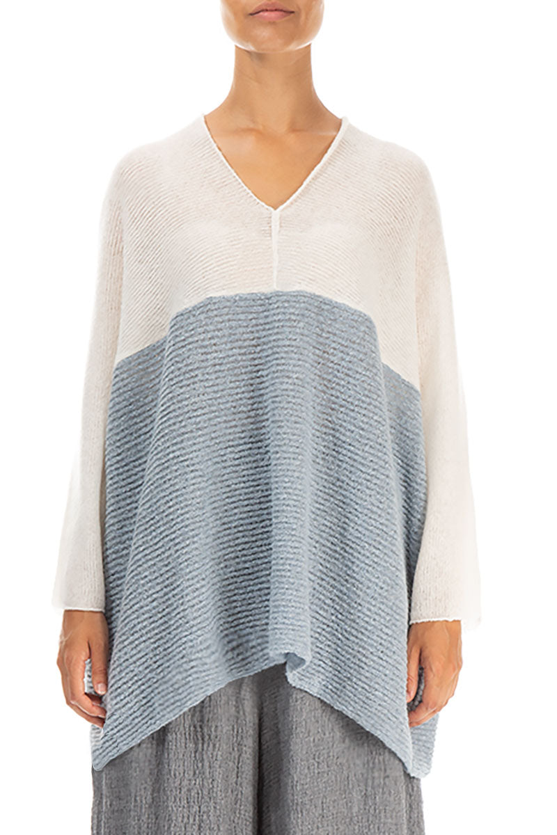 V-Neck White &amp; Silver Blue Wool Sweater