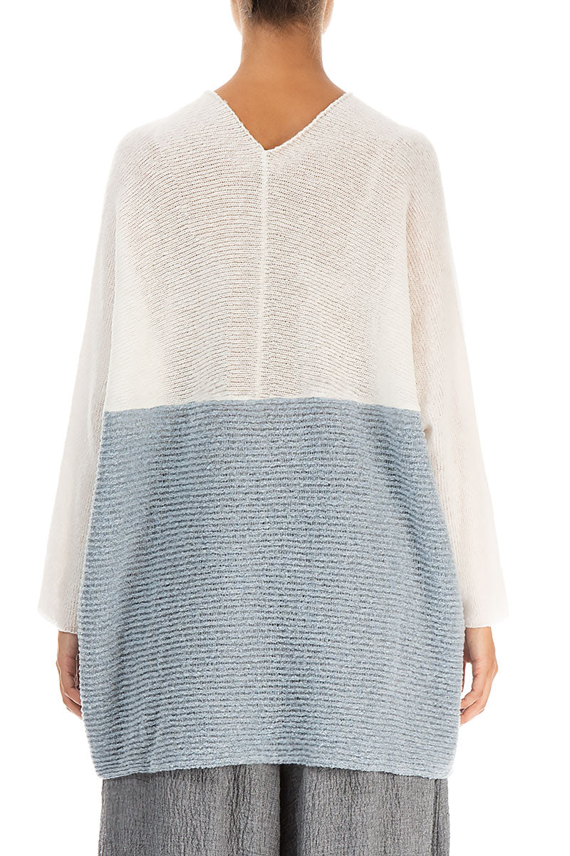 V-Neck White &amp; Silver Blue Wool Sweater