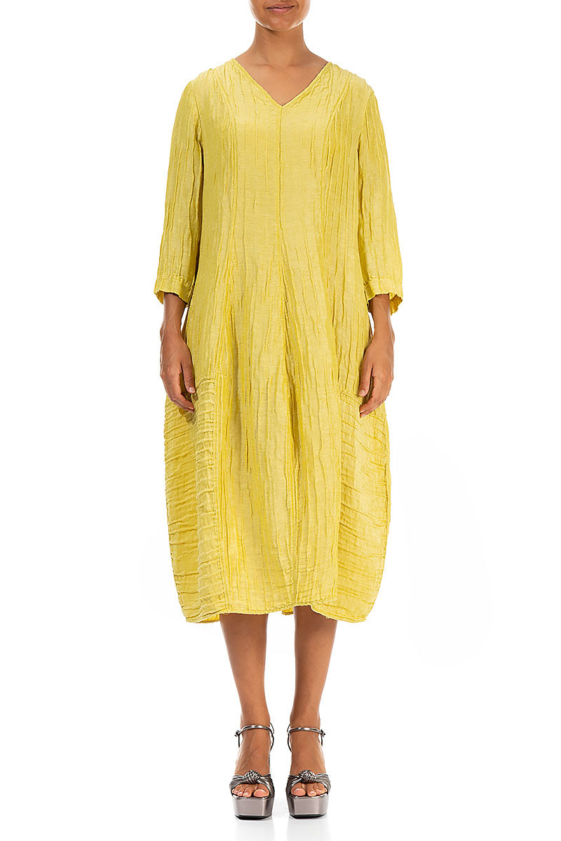 V-Neck Crinkled Cyber Lime Silk Linen Dress 1